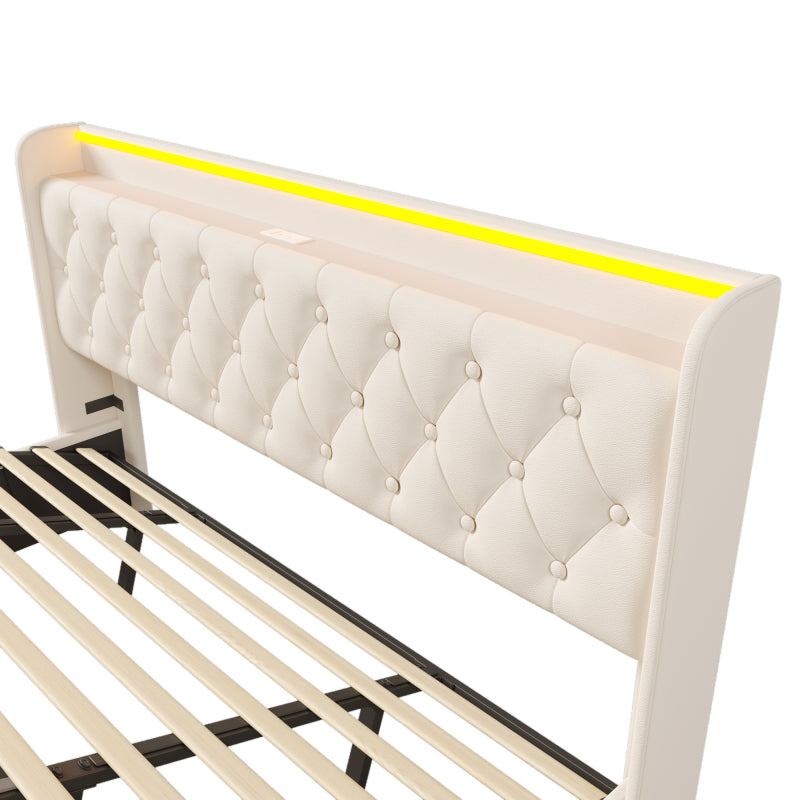 Polsterbett Doppelbett, 360-Surround-LED-Funktion, Drucktaste/App/Fernbedienung, 180*200 cm, weiß PU-Material Hydraulisches Lagerbett, gepolstertes Kopfteil mit USB Typ-C Ladefunktion (Ohne Matratze)