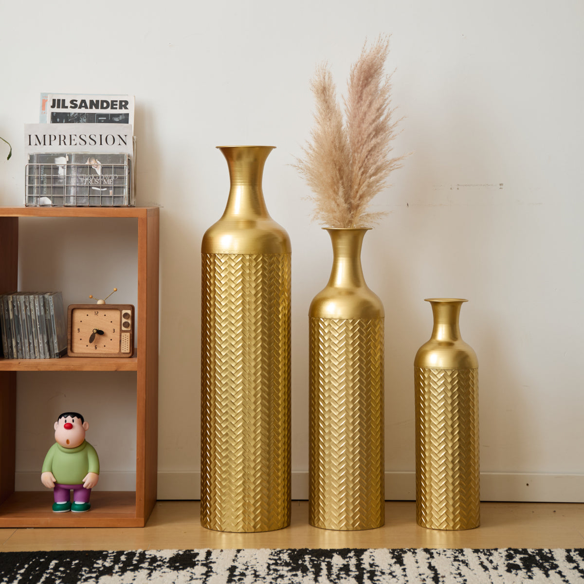 3er Set Bodenvase Metall, Gold, Retro Stil, Hohe Dekovasen 83/65/50 cm