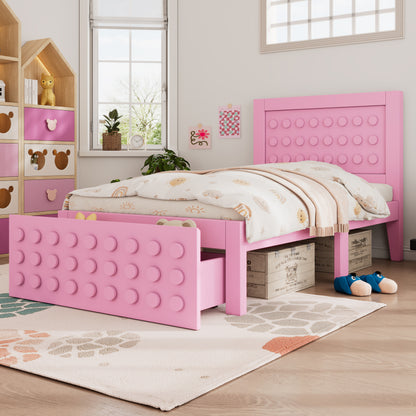 Holzbett Einzelbett 90x190 cm, Kinderbett Jugendbett mit Kreativem Block Design, Massivholz Bettgestell mit Lattenrost, mit Schubladen & Unterm Bett Stauraum, Rosa, Ohne Matratze