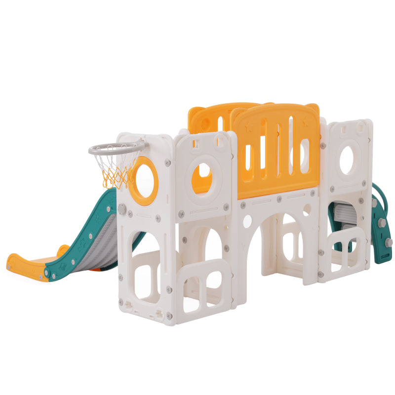 Bären Kinder 6-in-1 Rutsche mit einer Rutsche, zwei Plattformen, zwei Bodenschrankfächern, Basketballkorb und Treppe - Hochdichtes Polyethylen (Ozeanbälle nicht enthalten