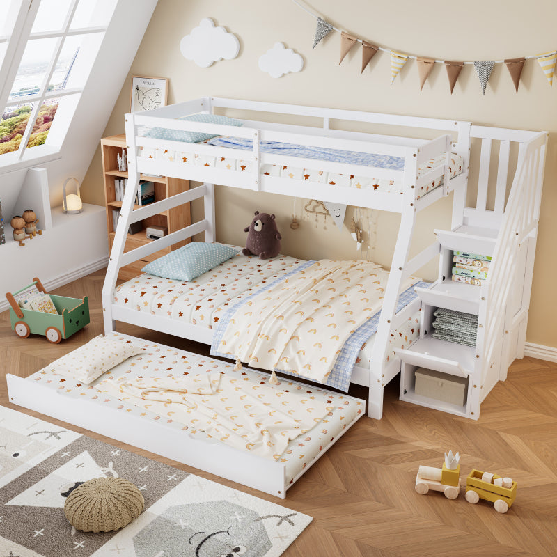 Etagenbett mit Rollbett, Kinderbett mit Leiterschrank und Handlauf, mit Fallschutzgitter an allen Seiten, Kiefer+MDF, Weiß, 90x190CM Rollbett, 90/120x200CM