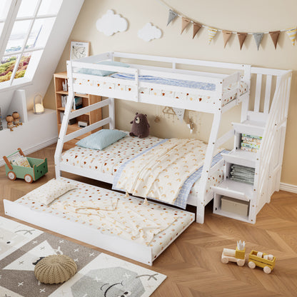 Etagenbett mit Rollbett, Kinderbett mit Leiterschrank und Handlauf, mit Fallschutzgitter an allen Seiten, Kiefer+MDF, Weiß, 90x190CM Rollbett, 90/120x200CM