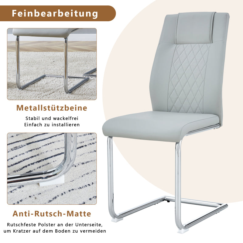 Nordic-Stil hellgrau PU Essstuhl (vier Stühle in einer Kiste) - Rücken mit Gitternäht Design, glänzende silberne Metallbeine