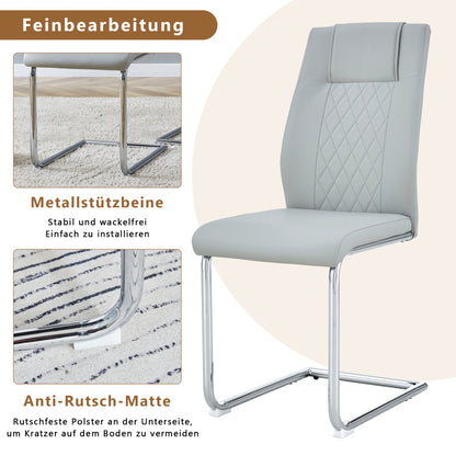 Nordic-Stil hellgrau PU Essstuhl (vier Stühle in einer Kiste) - Rücken mit Gitternäht Design, glänzende silberne Metallbeine