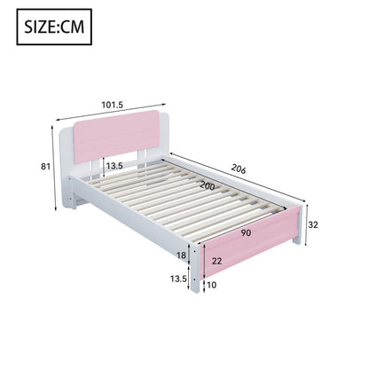Holzbett 90*200 cm , Einzigartige und Minimalistische Form, Kopfteil mit Liniendesign, Kindereinzelbett, Rosa