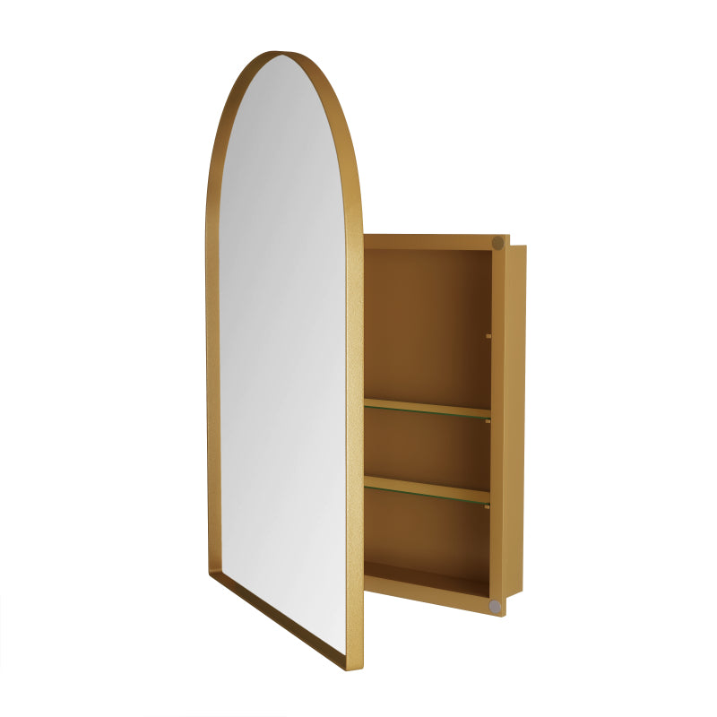 Stylish Arched Mirror Cabinet, Recessed Medicine Cabinet, Wall Cabinet with Metal Framed, Mirror and Adjustable Shelves, Mirror Cabinet with Storage for Bathroom, Living Room and Bedroom, Gold