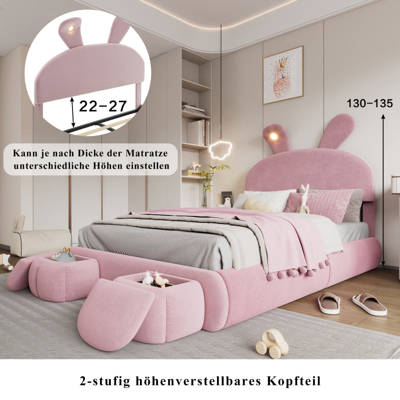 Polsterbett, Doppelbett, hydraulisches Bett, Hasenohren mit einstellbarer Helligkeit warmfarbenen Lichtstreifen, Stauraum unter dem Bett, zwei Aufbewahrungshockern, Samt, Rosa, 140x200cm