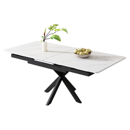 Erweiterbarer Esstisch,  L150/180 x B70 x H76 cm, Kreuzbein-Design, Marmorstruktur, Schwarz und Weiß