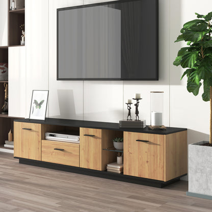 TV-Schrank mit einer Schublade, drei Türen, zwei offene Fächer mit Glas TV-Möbel, TV-Board, TV-Lowboard Feinstruktur. Schwarze und natürliche Holzfarben. 15 variable LED-Leuchten.