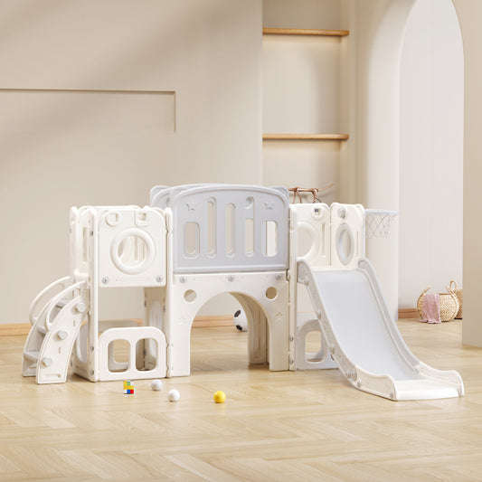 Bären Kinder 6-in-1 Rutsche mit einer Rutsche, zwei Plattformen, zwei Bodenschrankfächern, Basketballkorb und Treppe - Hochdichtes Polyethylen (Ozeanbälle nicht enthalten