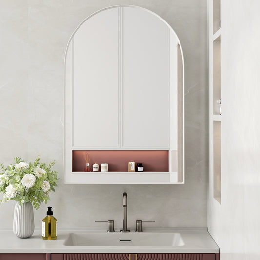 Stylish Arched Mirror Cabinet, Recessed Medicine Cabinet, Wall Cabinet with Metal Framed, Mirror and Adjustable Shelves, Mirror Cabinet with Storage for Bathroom, Living Room and Bedroom, White