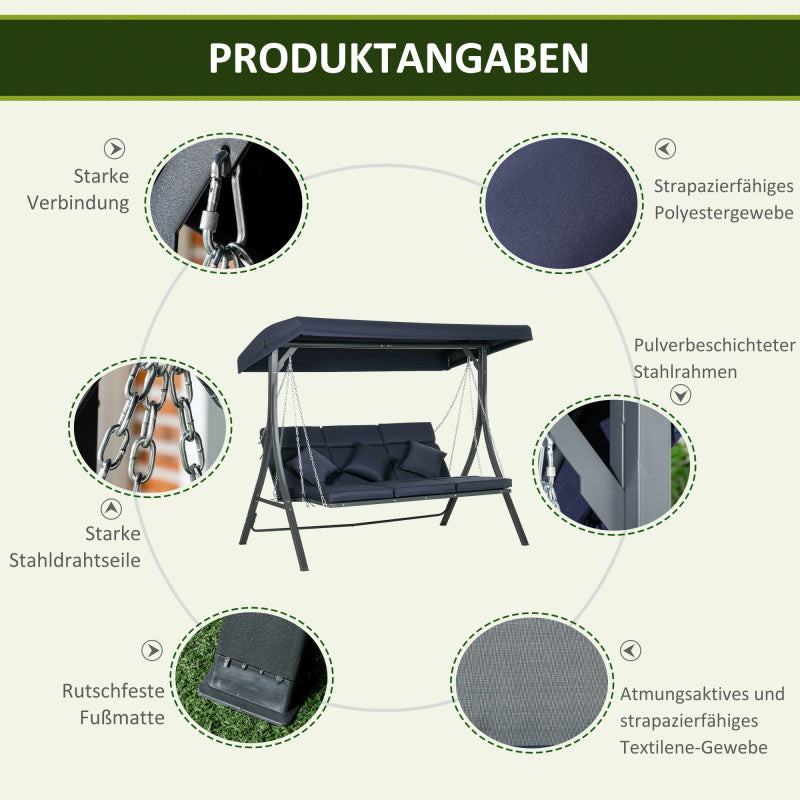 Hollywoodschaukel 3-Sitzer, bis 270 kg belastbar, Schaukelbank mit verstellbarem Sonnendach, Gartenschaukel mit Kissen