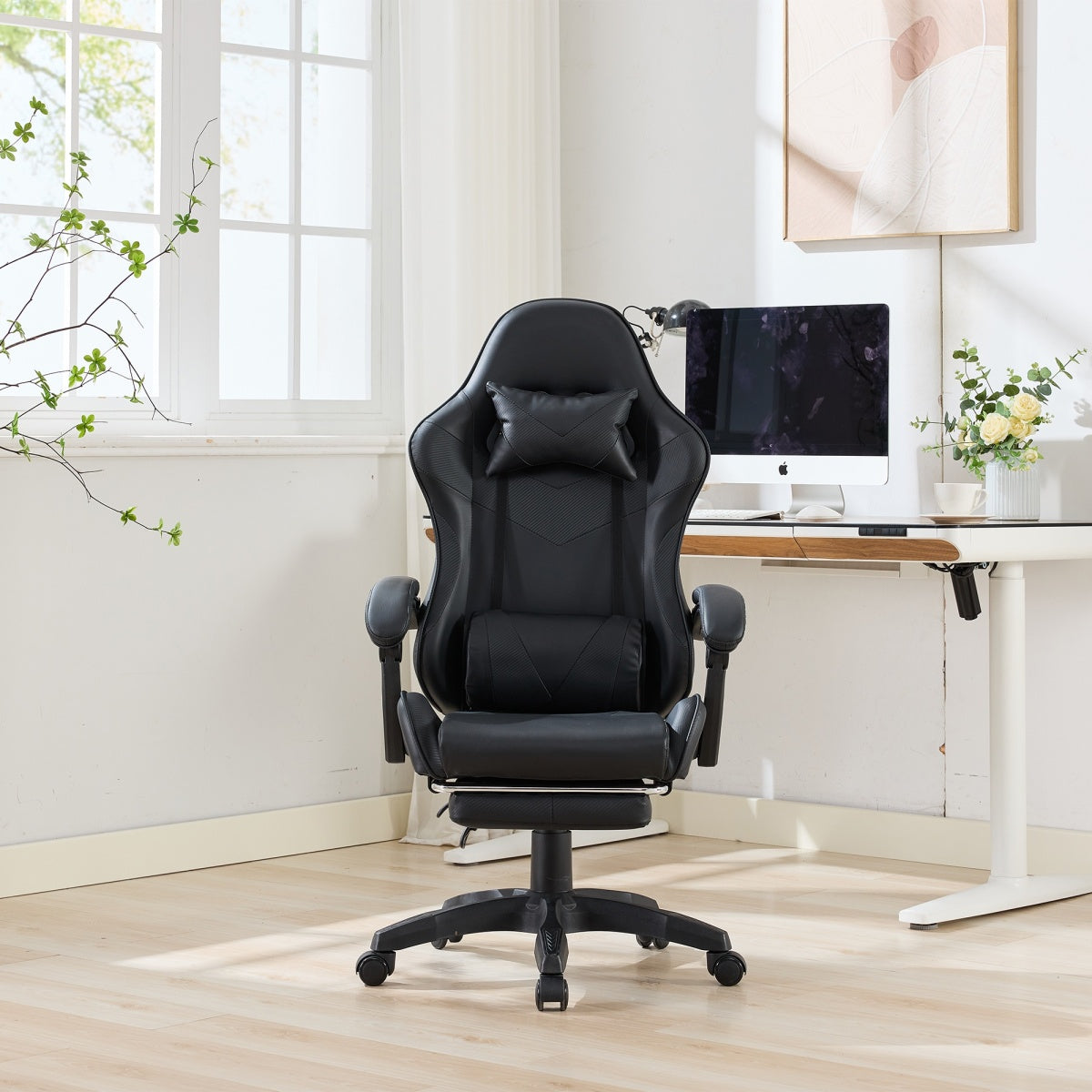 Gaming Stuhl Racing Design, 155° Liegefunktion, Fußstütze, Lendenmassage, Schwarz