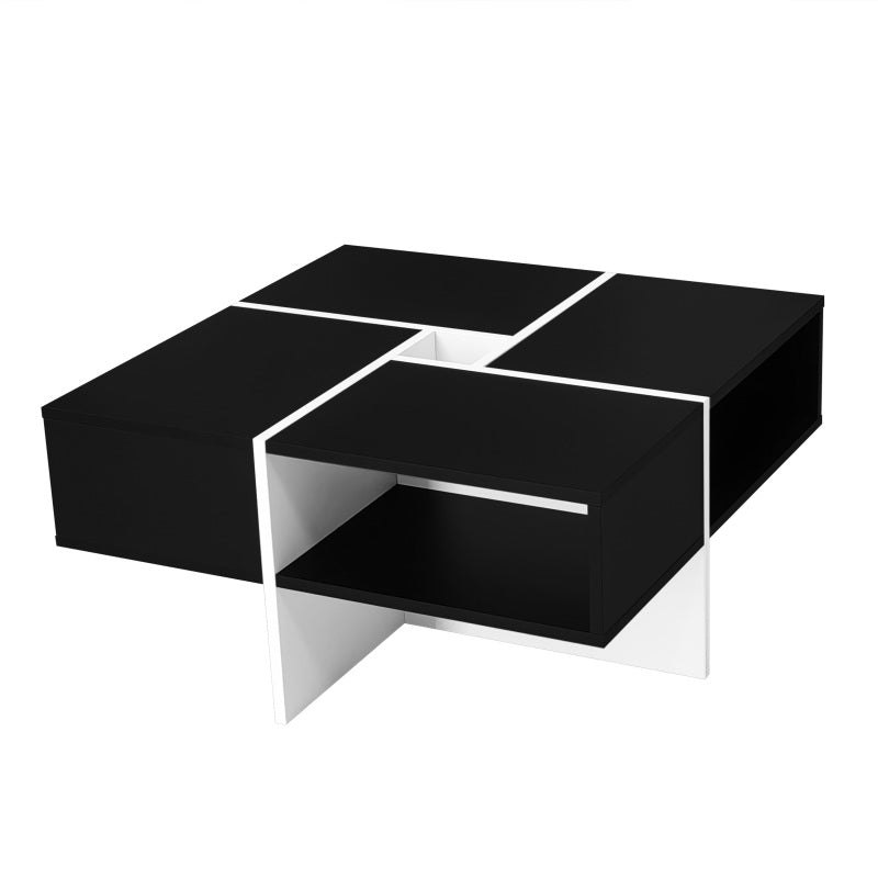 Moderner quadratischer Couchtisch 70x70x35cm - Schwarz-weißes Design, 5 offene Fächer, mittleres Ablagefach 10x10cm, Belastbarkeit 30KG, schwarzer quadratischer Couchtisch