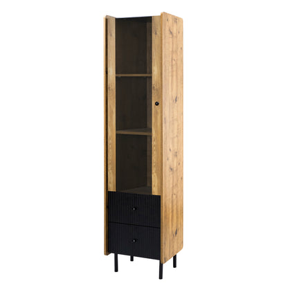 Sideboard, Hochschrank in schwarzer Holzmaserung – 180 x 44 x 40 cm mit Glastür, gelbem LED-Licht, 2 Schubladen