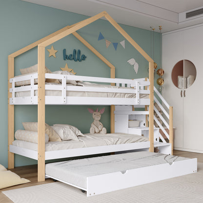 Etagenbett, Ausziehbares Baumhausbett, Schiebebett, Treppe mit 3 Schubladen, Kinderbett mit Absturzsicherung und Kinderbettgitter, mit Lattenroste, Natur+Weiß (90x200cm&90x190cm) [30813567NAA]