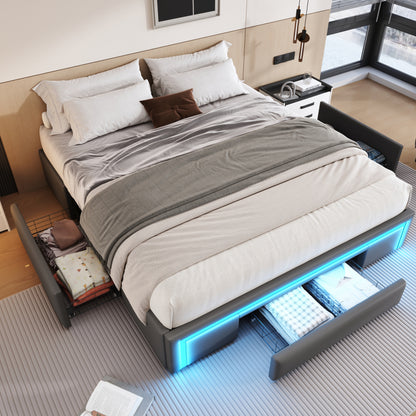 Bettgestell 180X200 mit Schubladen, PU-Leder Bett ohne Kopfteil Mit LED-Lichtleiste, MetalllattenPlattformbett für moderne Schlafzimmer Beige