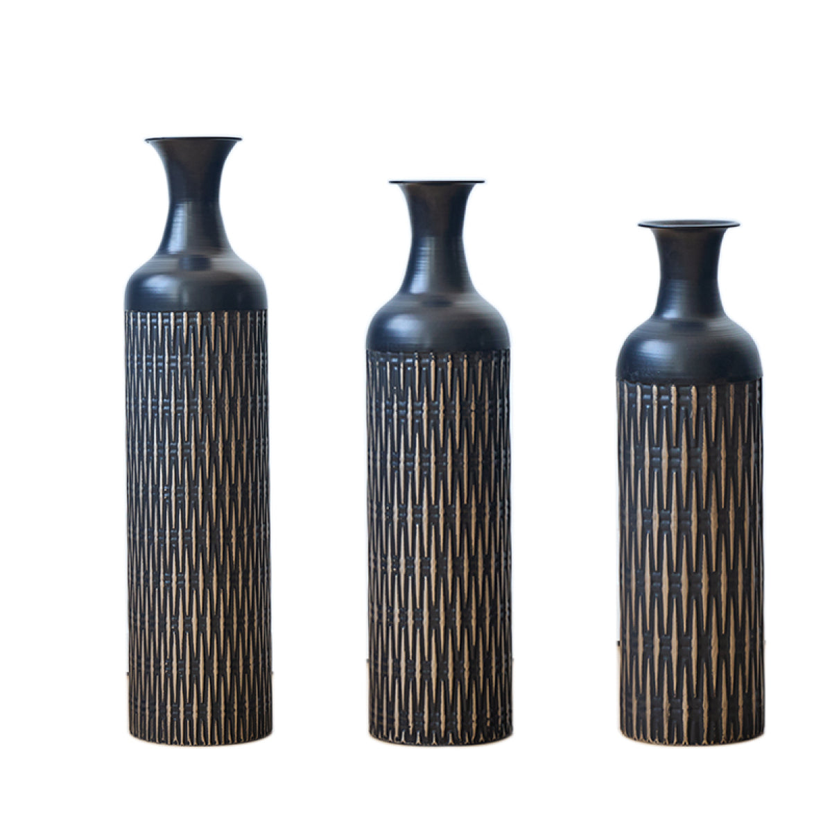 3er Set Bodenvase Metall, Schwarz, Rillen-Design, Hohe Übertöpfe 83/66/50 cm