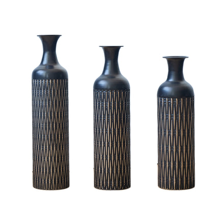 3er Set Bodenvase Metall, Schwarz, Rillen-Design, Hohe Übertöpfe 83/66/50 cm