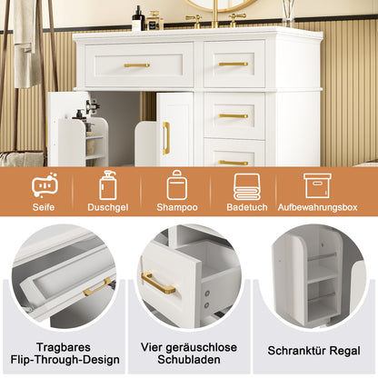 Badezimmer-Unterschrank 90×46×87 cm, weiß lackiert, Keramikwaschbecken, leise Schubladendämpfung, Massivholzbeine, viel Stauraum, goldene Griffe