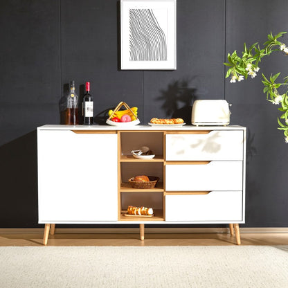 Modernes weißes Sideboard mit Einlegeböden, 3 Schubladen und offenem Stauraum, mit Kippschutz-Design – geeignet für Küche, Esszimmer und Wohnzimmer