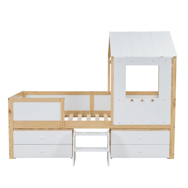 Kinderbett, halbhohes Bett, Hausbett mit Dach und Fenster, Vierseitiger Zaun, mit 4 Schubladen und kleine Treppe, Kiefer+MDF+Sperrholz, Weiß+Natur, 90x200cm