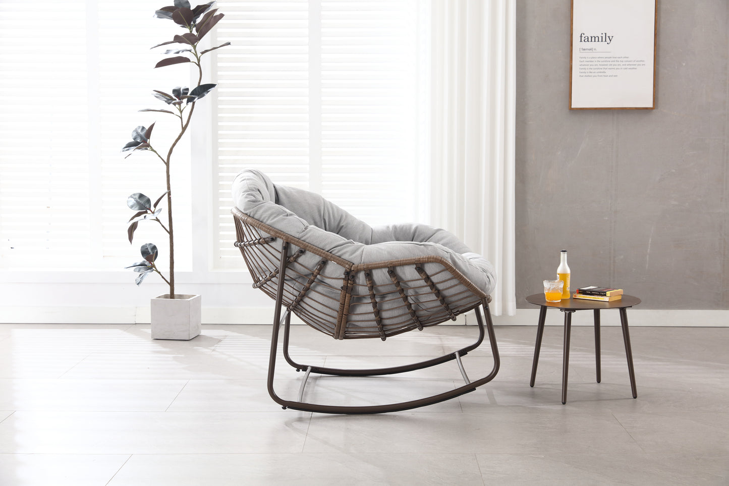 Outdoor Rocking Chair, Patio Oversized Wicker Egg Rocking Chair, Indoor & Outdoor Comfy Rocker Chair with Thick Cushion, Modern Lounge Chair for Balcony, Front Porch, Garden, Backyard, Deck Gray