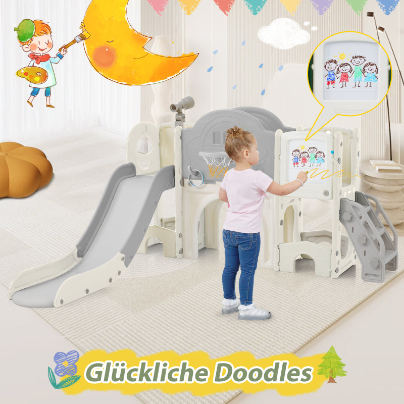10 in 1 Kinderrutsche Kletterspielzeug, Multifunktionsrutsche Rutschen, freistehende Rutsche, Klettern, Bohrspiel, Stauraum, Spielkorridor, Basketballkorb, Lasso-Spiel, Reißbrett, Golfspiel, Teleskop.