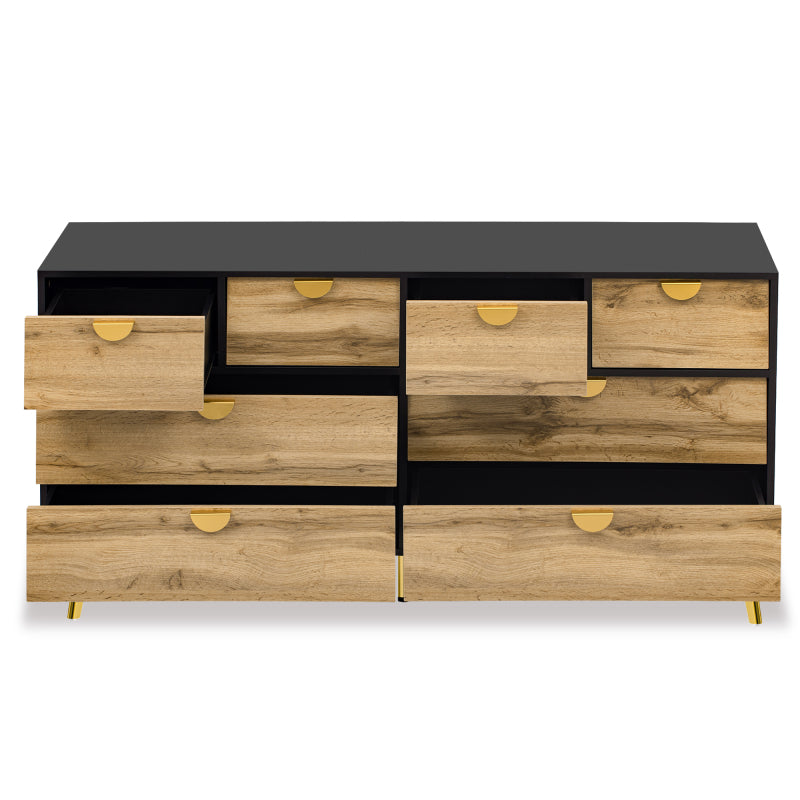 L150*W40*H78cm, Moderne Sideboard mit 8 Schubladen, Schwarz & Holzfarben, Minimalistisches Design, Goldene Metallgriff, Metallfüße, für Wohnzimmer und Esszimmer