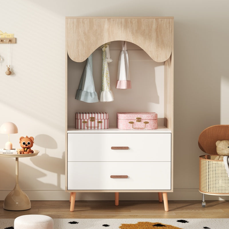 Kinderkleiderschrank, Kleiderschrank mit Kleiderstange, mit Schubladen, Vollholz Griffen, aus Spanplatte, weiß+natürliches Holz