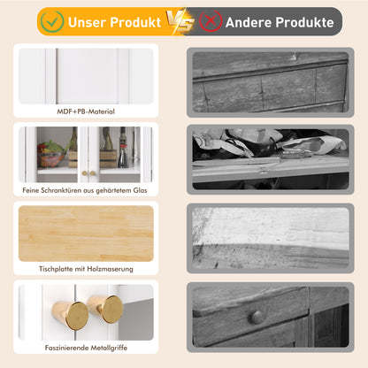Kücheninsel mit Rollen & Glastüren, klappbare Arbeitsplatte, mobiler Servierwagen mit Schublade & Regal, Küchenwagen Weiß & Holzoptik