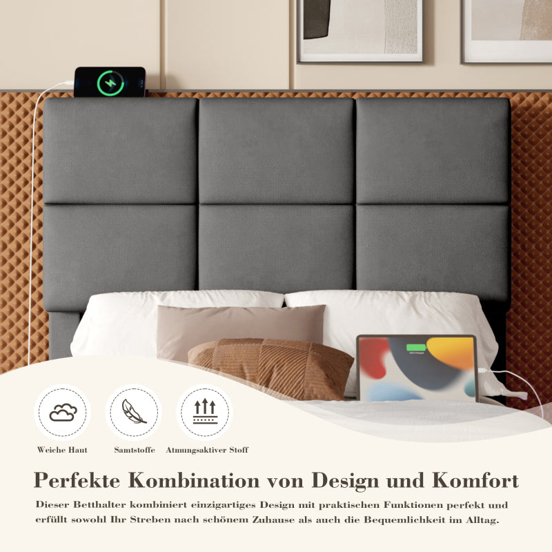 90x200 cm Modernes Velours-Polsterbett mit höhenverstellbarem Kopfteil - Inkl. USB/Type-C-Anschlüssen, LED-Ambientebeleuchtung, hydraulischem Lift-System & XXL-Stauraum (ohne Matratze) - Gray