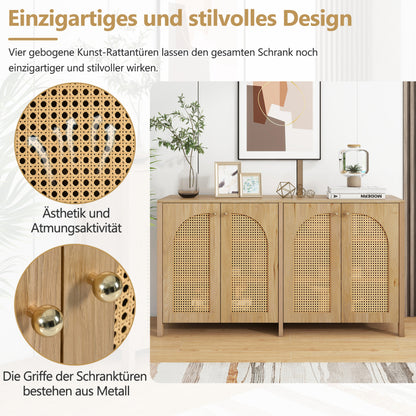 Modernes Sideboard im minimalistischen Stil 4-Rattantür, Metallgriff einfaches Buffetschrank für Esszimmer, Wohnzimmer, Küche (Naturholz)