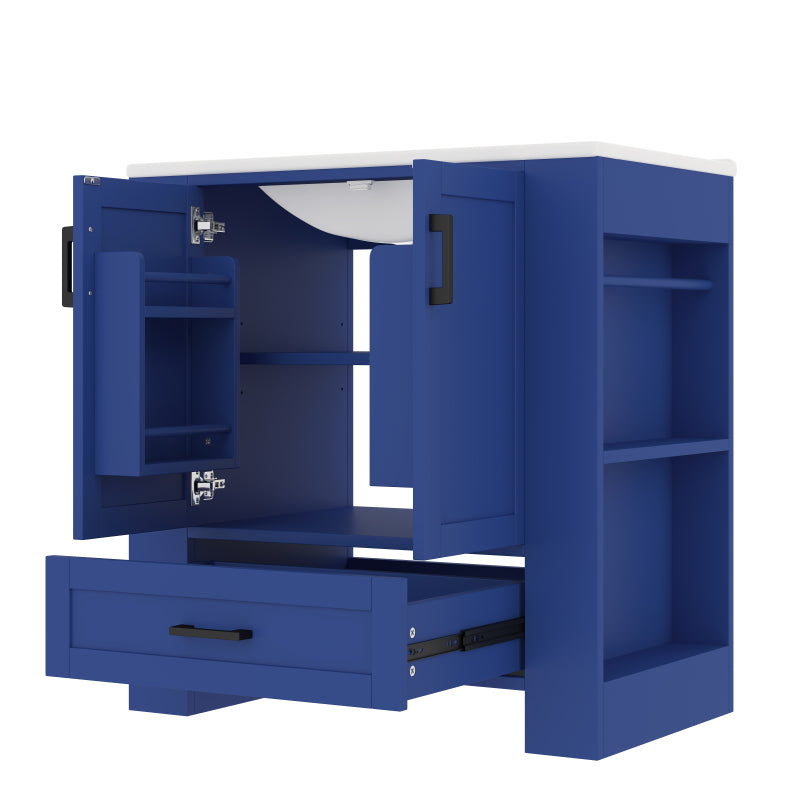 76 x 46 x 78.5cm Bodenstehender Badezimmerschrank, Waschtisch,komplett lackiert, Doppeltürregale, geräuschlose Schubladen, Regale auf beiden Seiten, integriertes Keramikwaschbecken, blau