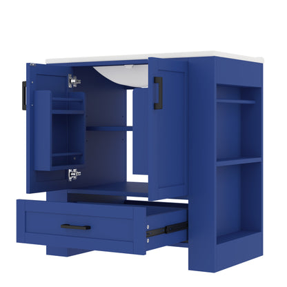 76 x 46 x 78.5cm Bodenstehender Badezimmerschrank, Waschtisch,komplett lackiert, Doppeltürregale, geräuschlose Schubladen, Regale auf beiden Seiten, integriertes Keramikwaschbecken, blau