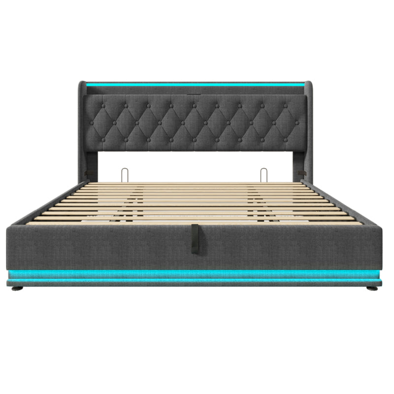 Polsterbett Doppelbett, 360-Surround-LED-Funktion, Drucktaste/App/Fernbedienung,180*200 cm,Grau Leinen-Material Hydraulisches Lagerbett, gepolstertes Kopfteil mit USB Typ-C Ladefunktion(Ohne Matratze)