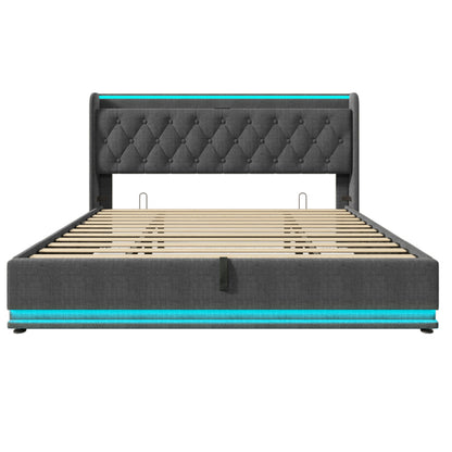 Polsterbett Doppelbett, 360-Surround-LED-Funktion, Drucktaste/App/Fernbedienung,180*200 cm,Grau Leinen-Material Hydraulisches Lagerbett, gepolstertes Kopfteil mit USB Typ-C Ladefunktion(Ohne Matratze)