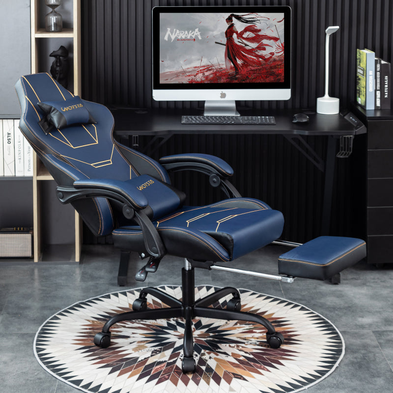 Gaming Stuhl Ergonomisch Gaming Chair Bürostuhl mit Fußstütze Racing Computerstuhl Höhenverstellbar Gepolstert Computerstuhl Lendenwirbelstütze Blau