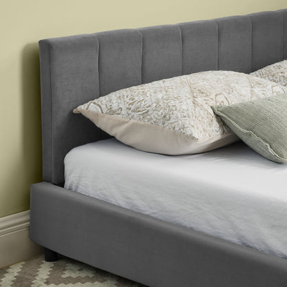 Doppelbett 140×200 cm aus Samt mit hoher Rückenlehne, stabiles Bettgestell aus Holz & Metall, ideal für Schlafzimmer & Gästezimmer, Gray (ohne Matratze)