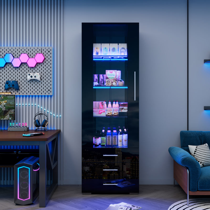 Schwarz Hochglanz Vitrine, Vitrine Glasvitrine , Standvitrine mit LED-Beleuchtung, Vertikale Vitrine mit 3 Schubladen, 60*35*180cm