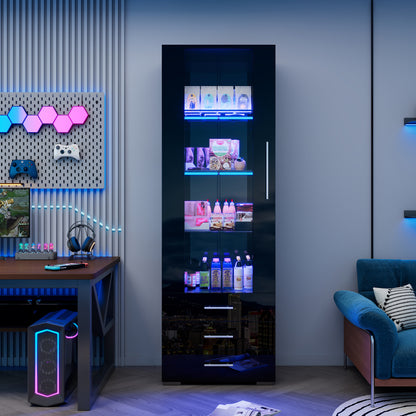 Schwarz Hochglanz Vitrine, Vitrine Glasvitrine , Standvitrine mit LED-Beleuchtung, Vertikale Vitrine mit 3 Schubladen, 60*35*180cm