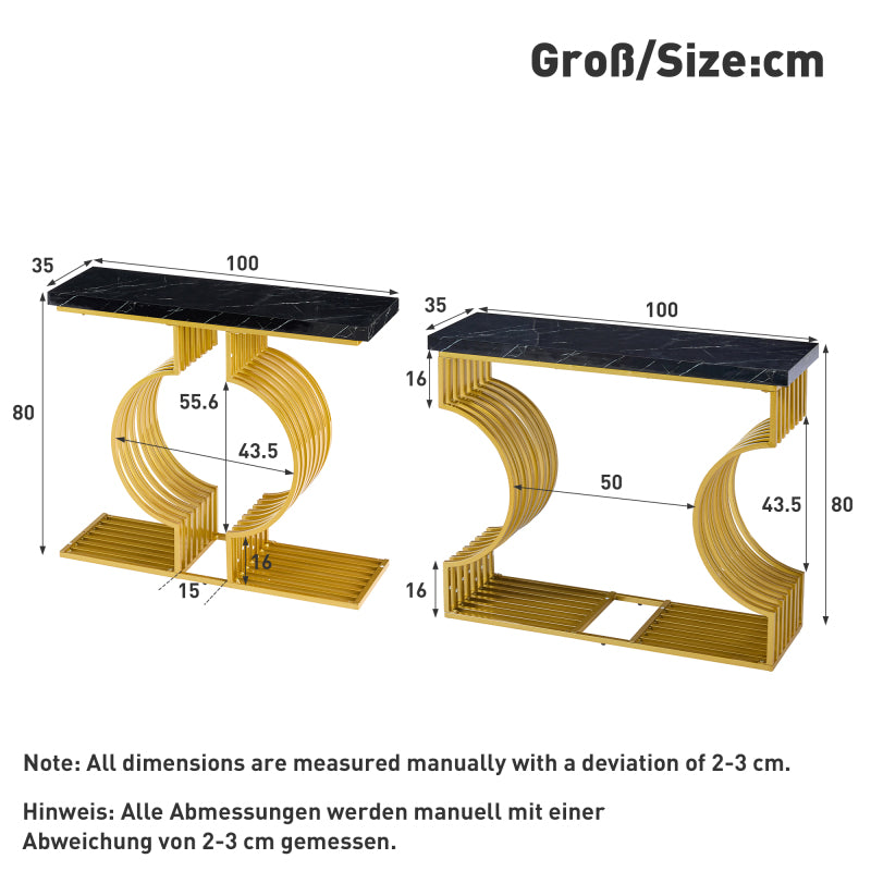 100*35*80cm moderner, schlichter schwarzer Hochglanz-Couchtisch, kleiner Beistelltisch fürs Wohnzimmer, Konsolentisch, goldener Sockel kann auf zwei Arten installiert werden