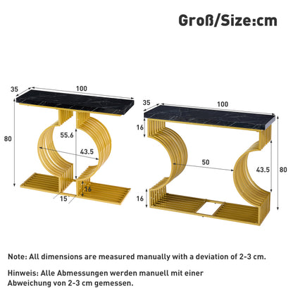 100*35*80cm moderner, schlichter schwarzer Hochglanz-Couchtisch, kleiner Beistelltisch fürs Wohnzimmer, Konsolentisch, goldener Sockel kann auf zwei Arten installiert werden
