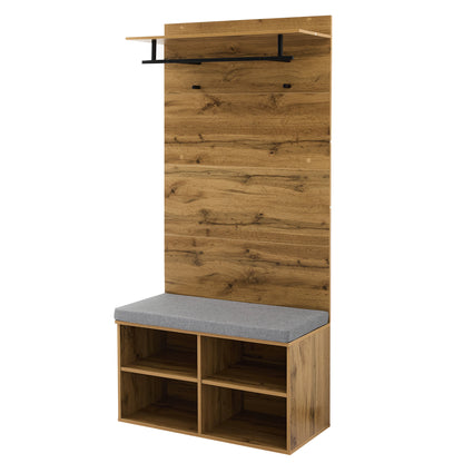 Garderobenset in Holzoptik mit Schuhbank, verstellbarem Regal, Kleiderstange und Polster, Praktische Flurmöbel