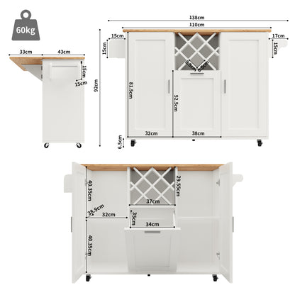 Kücheninsel mit herausnehmbaren Trennwänden, Küchenschrank, Esszimmerwagen mit Arbeitsplatte, Buffetschrank, Esszimmerwagen mit Holzmaserung, seitlicher Handtuchhalter mit Flaschenhalter, weiß