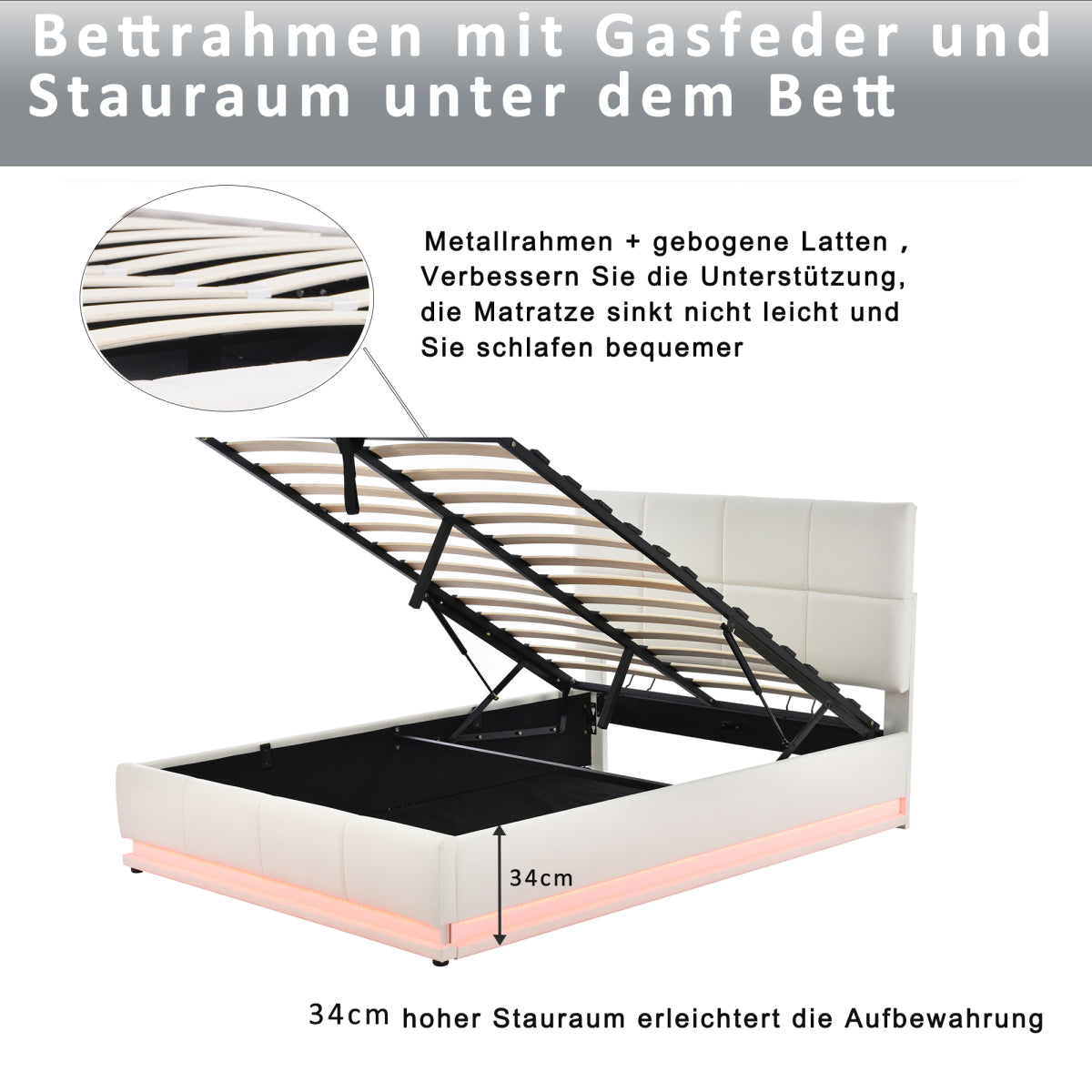 Polsterbett 140x200 LED, Hydraulik-Bettkasten, Kunstleder Weiß, Traglast 350 kg