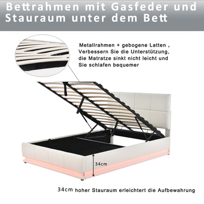 Polsterbett 140x200 LED, Hydraulik-Bettkasten, Kunstleder Weiß, Traglast 350 kg