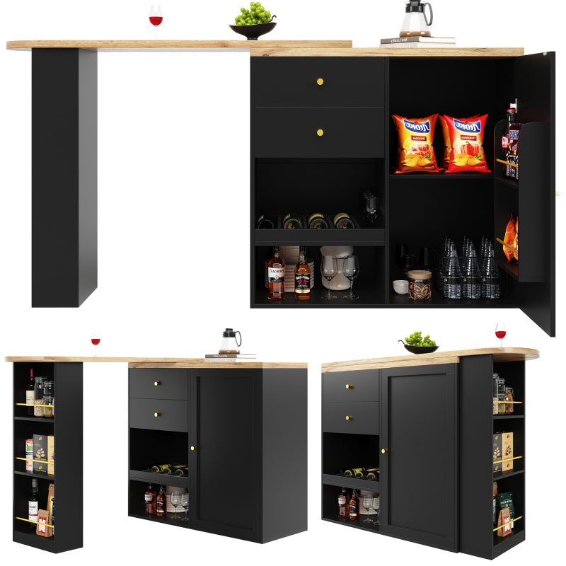 Um 360° drehbarer Bartisch (Hauptkörper 105 x 39 x 102 cm), mit 2 Schubladen und Schiebetürschrank, 3 Ebenen offener Stauraum, geeignet für Esszimmer/Arbeitszimmer/Wohnzimmer usw
