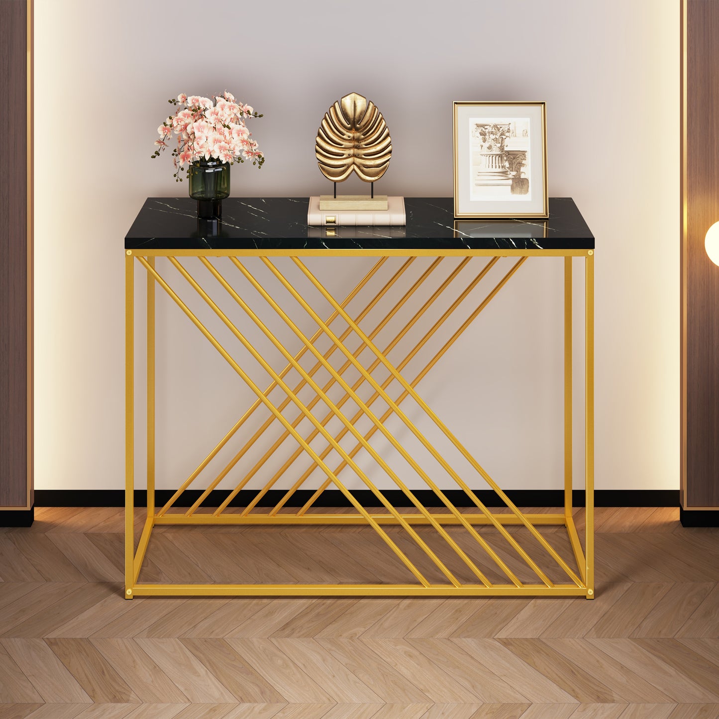 MDF Hochglanz Tisch für den Eingangsbereich, Konsolentisch, Flurtisch, Sideboard, Beistelltisch, Vintage, Schwarzer Tisch mit goldenem Fuß,