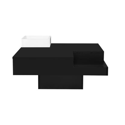 Couchtisch, Hochglanz-Wohnzimmertisch, Beistelltisch mit abnehmbarer Aufbewahrungsbox, Farbblockweiß und Schwarz, 72*72*30 cm, Mit LED-Lichteffekt.